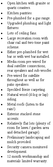 Text Box: Open kitchen with granite or quartz counters.Kitchen pantries.Pre-plumbed for a gas range.Upgraded plumbing and light fixtures.Lots of ceiling fans.Large recreation room with chair rail and two-tone paint scheme.Either pre-plumbed for wet bar or with wet bar installed.Media room pre-wired for dual satellite connections, rear speakers and sub-woofer.Pre-wired for satellite throughout as well as for patio speakers.Speckled frieze carpeting.Natural wood (d-log or lap) siding.Metal roofs (listen to the rain!).Exterior stacked stone accents.Relatively flat lots (plenty of room for lawn / garden area and detached garage).Preliminary landscaping and mulch provided.Security camera monitored development.12 month workmanship and materials limited warranty.