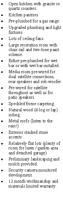 Text Box: Open kitchen with granite or quartz counters.Kitchen pantries.Pre-plumbed for a gas range.Upgraded plumbing and light fixtures.Lots of ceiling fans.Large recreation room with chair rail and two-tone paint scheme.Either pre-plumbed for wet bar or with wet bar installed.Media room pre-wired for dual satellite connections, rear speakers and sub-woofer.Pre-wired for satellite throughout as well as for patio speakers.Speckled frieze carpeting.Natural wood (d-log or lap) siding.Metal roofs (listen to the rain!).Exterior stacked stone accents.Relatively flat lots (plenty of room for lawn / garden area and detached garage).Preliminary landscaping and mulch provided.Security camera monitored development.12 month workmanship and materials limited warranty.